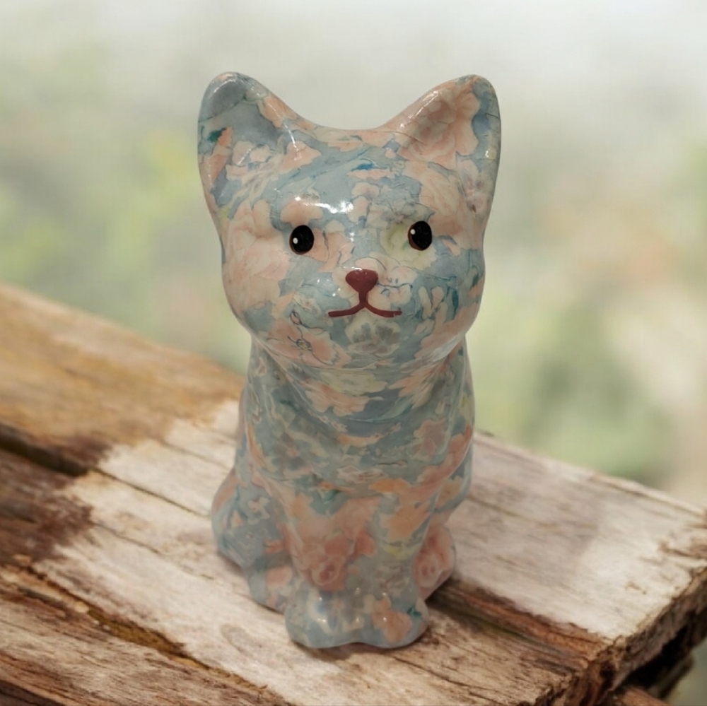 Blue Decoupage Ceramic Cat Figurine